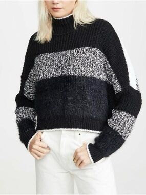 Free People Black & White Textured Turtleneck Sweater